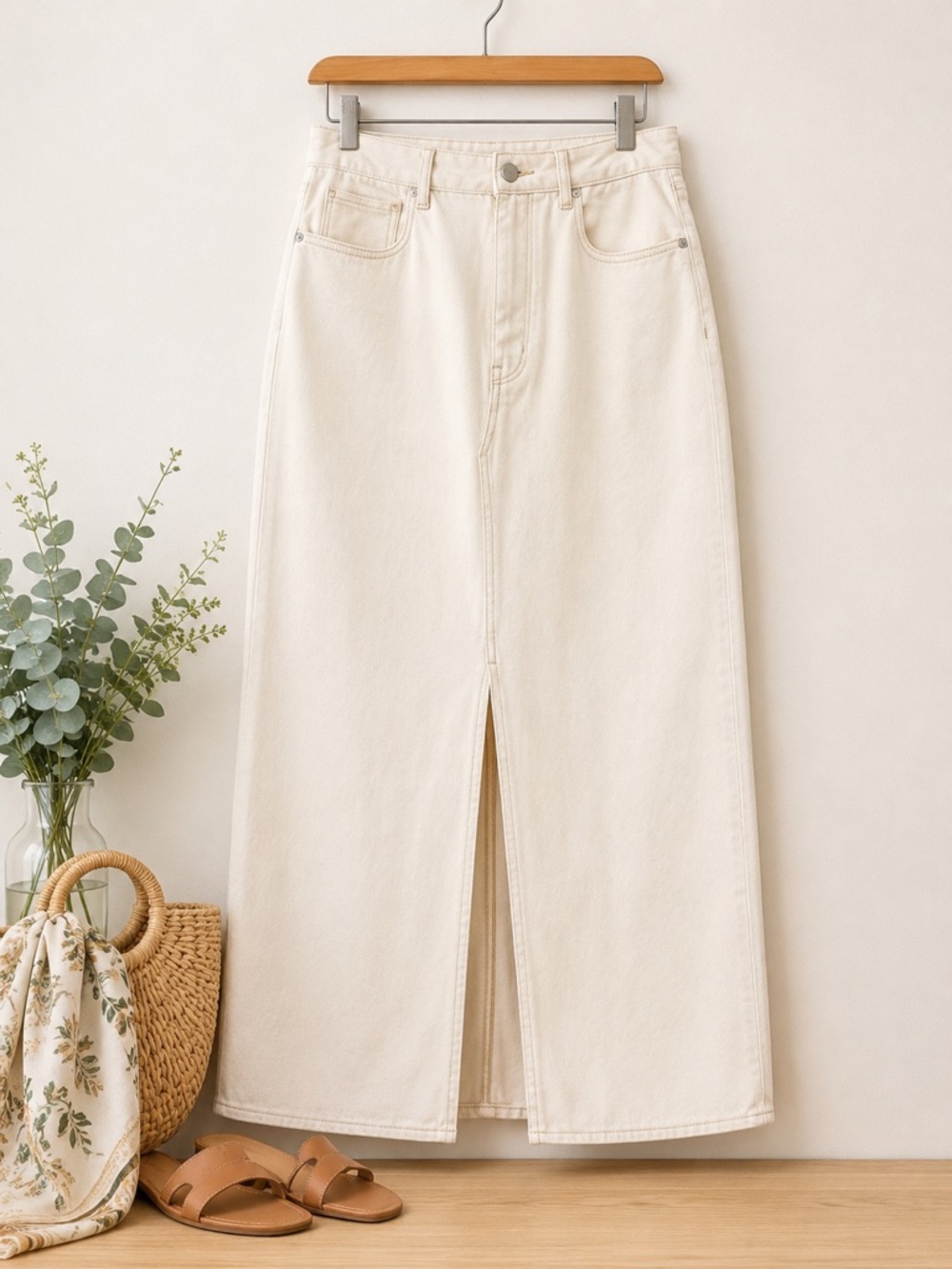 BLANKNYC Cream Denim Maxi Skirt Front Slit High Rise Size 27